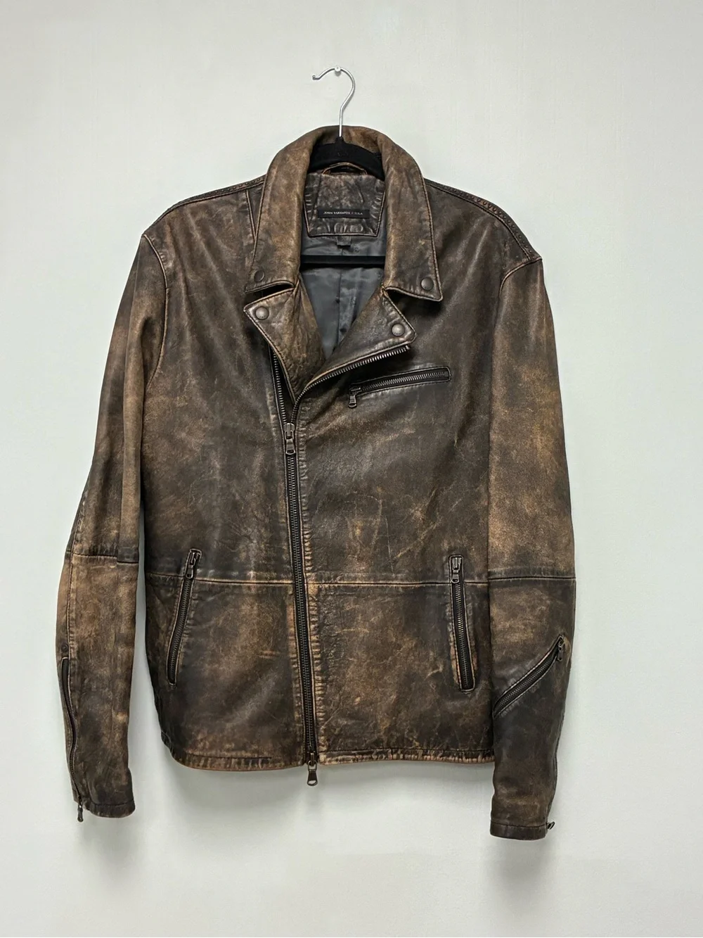 John Varvatos Distressed Leather Biker Jacket Large
